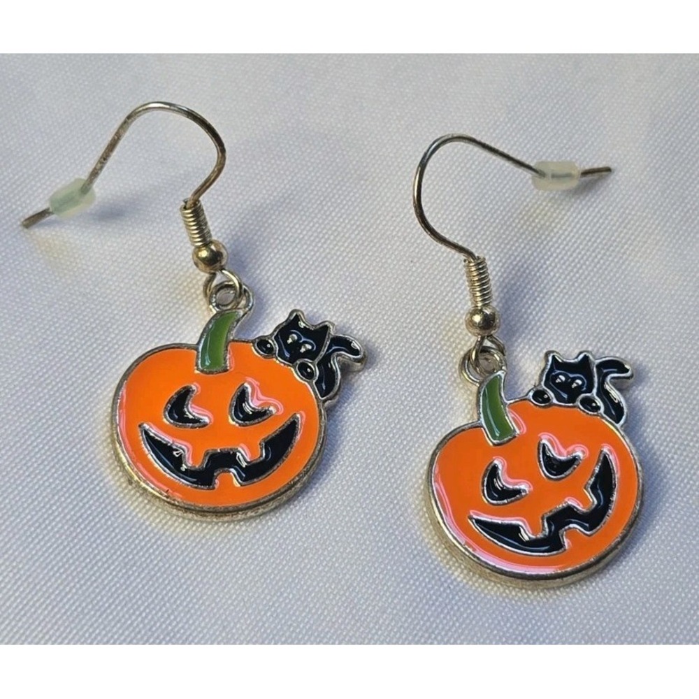 Dangle Earrings Orange & Black Jack-O'-Lantern Charms Halloween